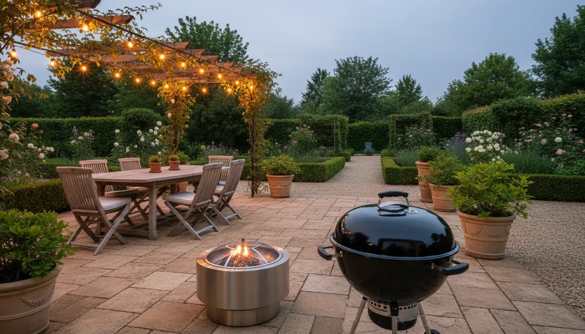 Un barbecue boule au charbon et un brasero en acier sur une terrasse en pierre d'un jardin français au crépuscule, lumière chaude.