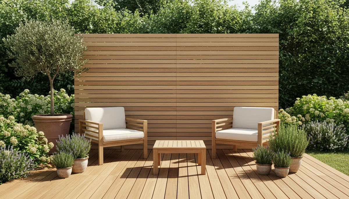 Un panneau brise-vue en bois clair sur une terrasse en bois, avec des fauteuils en teck et une végétation luxuriante.