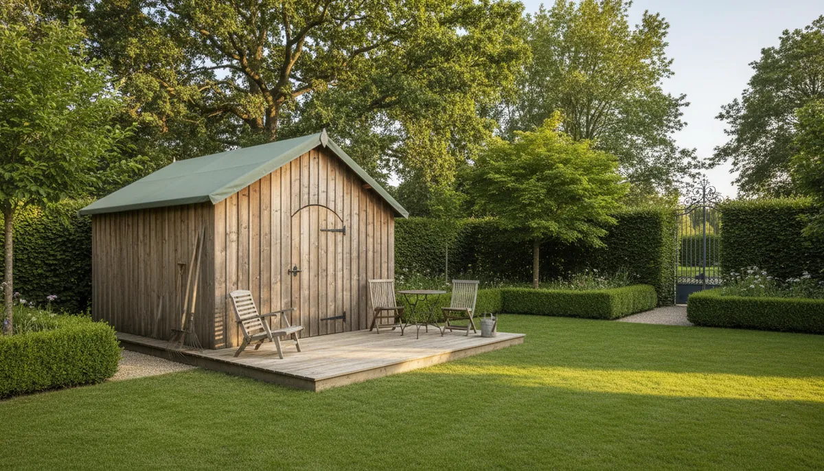 Un grand abri de jardin en bois dans un jardin verdoyant, avec une terrasse en bois et des arbustes taillés.