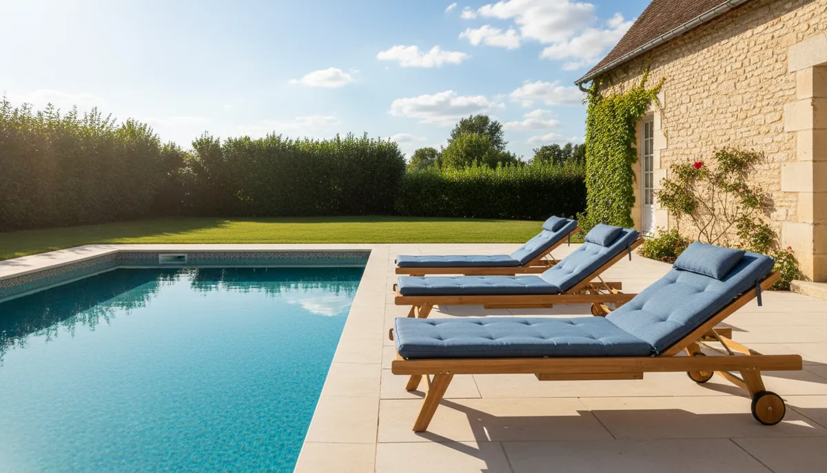 Deux transats modernes en bois de teck avec toiles bleues, dépliés au bord d'une piscine, un après-midi ensoleillé.