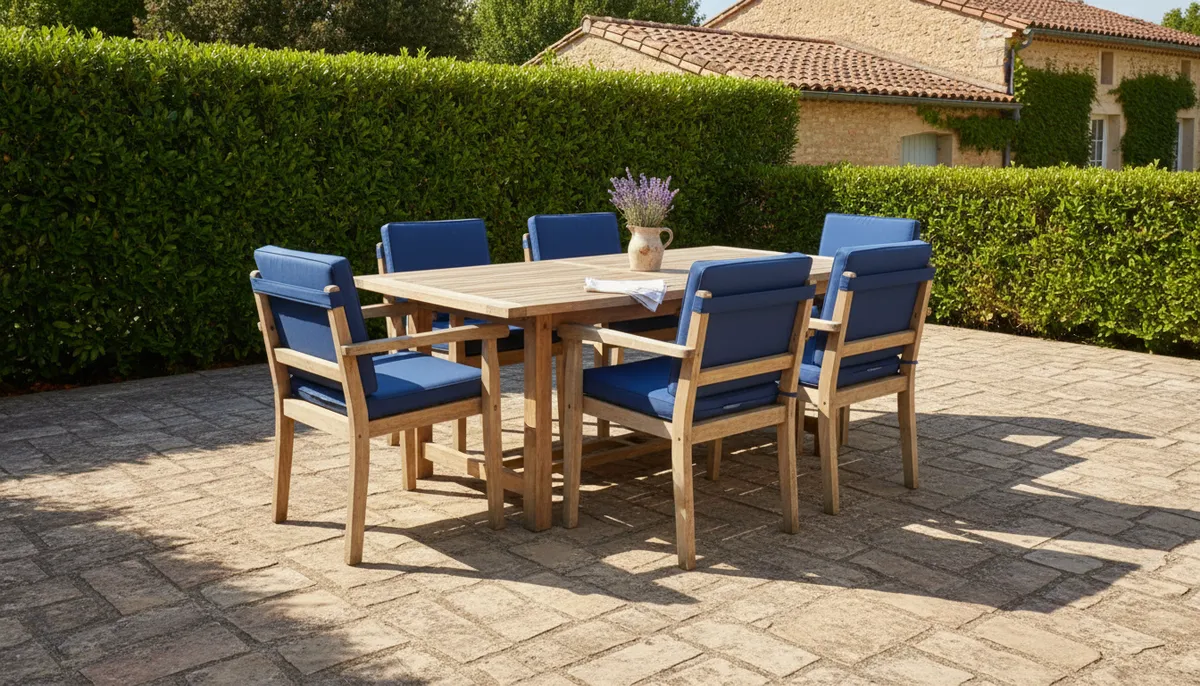 Un élégant salon de jardin en bois avec coussins bleus, disposé sur une terrasse ensoleillée, entourée de verdure.