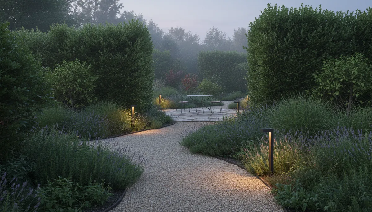 Un jardin français avec un chemin en gravier, bordé de plantes vertes et de grandes lumières extérieures.