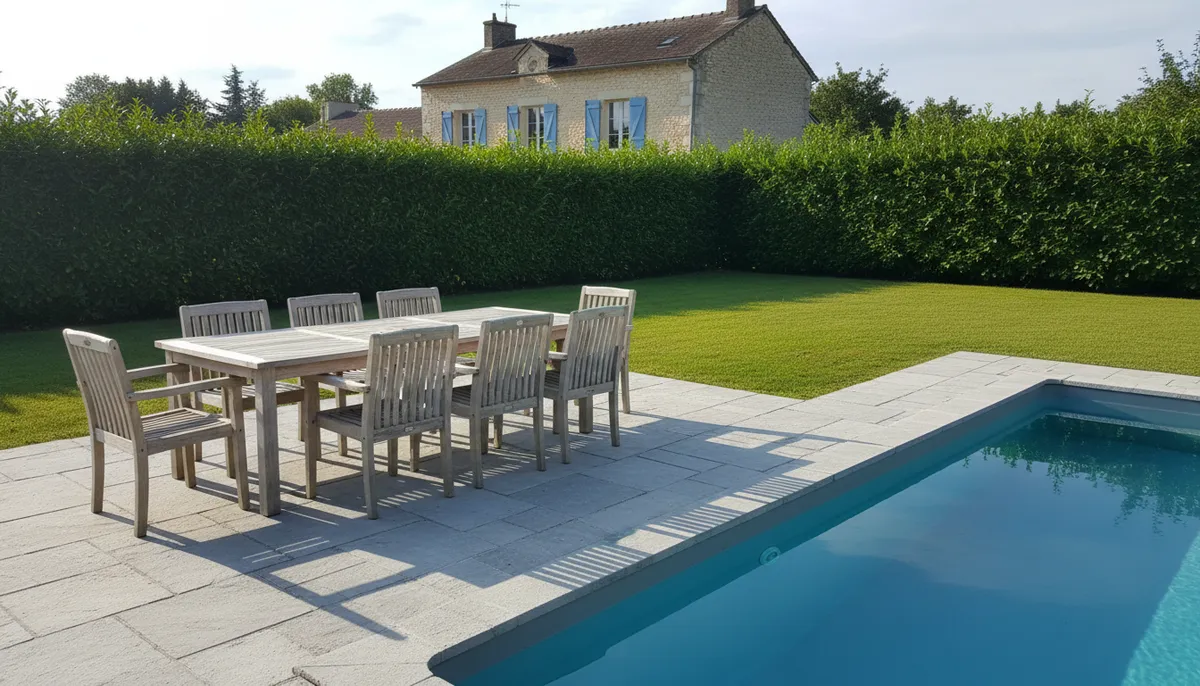 Un salon de jardin moderne en bois de teck patiné gris, avec table et chaises autour d'une piscine et d'une pelouse.