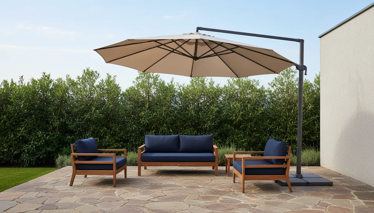 Un parasol déporté beige protège un salon de jardin en bois avec des coussins bleus, sur une terrasse en pierre.