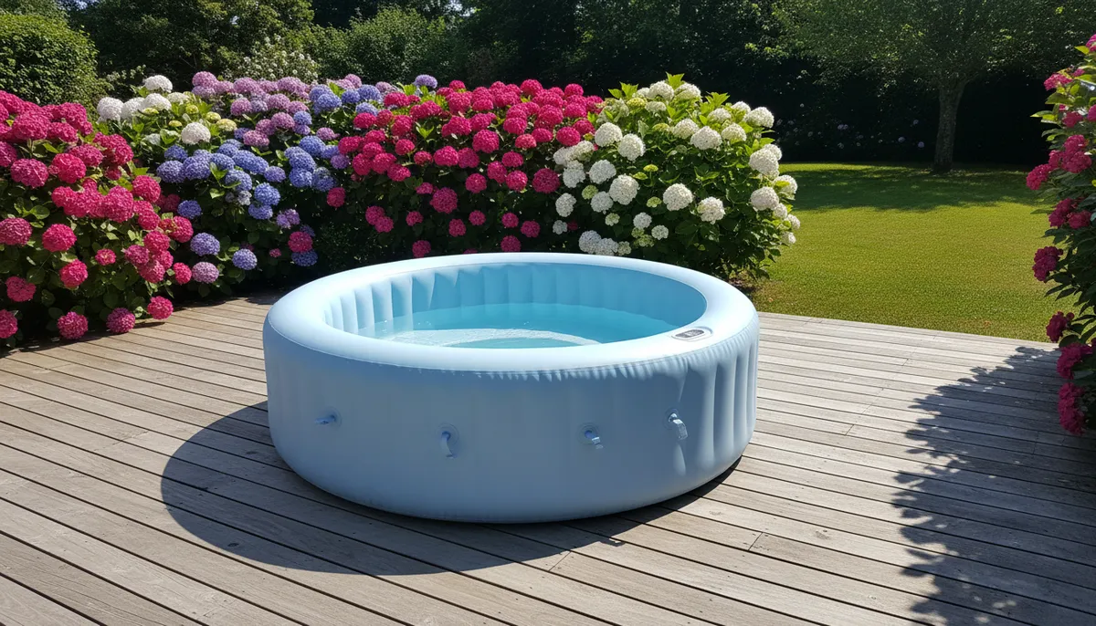 Un spa gonflable bleu clair est installé sur une terrasse en bois, sous une haie fleurie, dans un jardin ensoleillé.