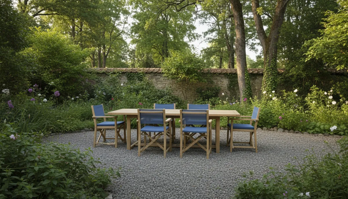 Une table de jardin rectangulaire en bois clair avec six chaises et des coussins bleu marine, dans un jardin verdoyant.